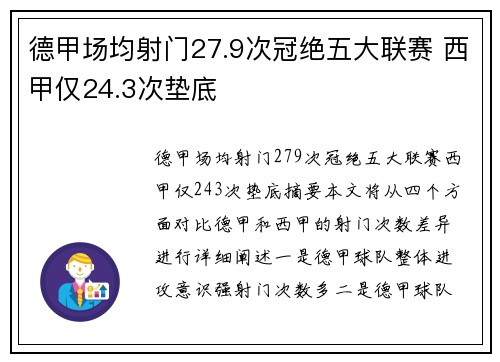 德甲场均射门27.9次冠绝五大联赛 西甲仅24.3次垫底
